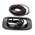Rear view camera tailgate handle assembly with black housing and attached wiring harness