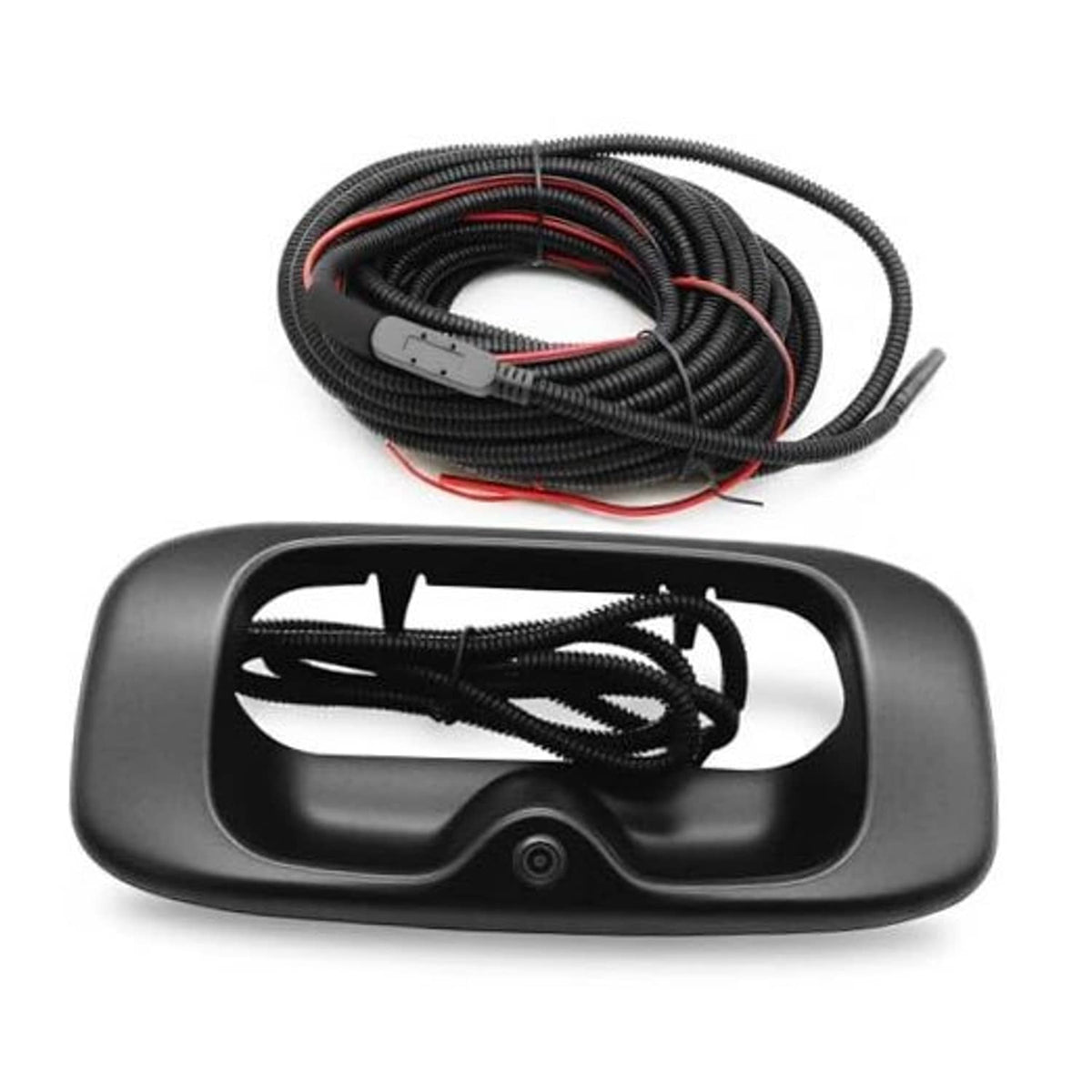 Rear view camera tailgate handle assembly with black housing and attached wiring harness