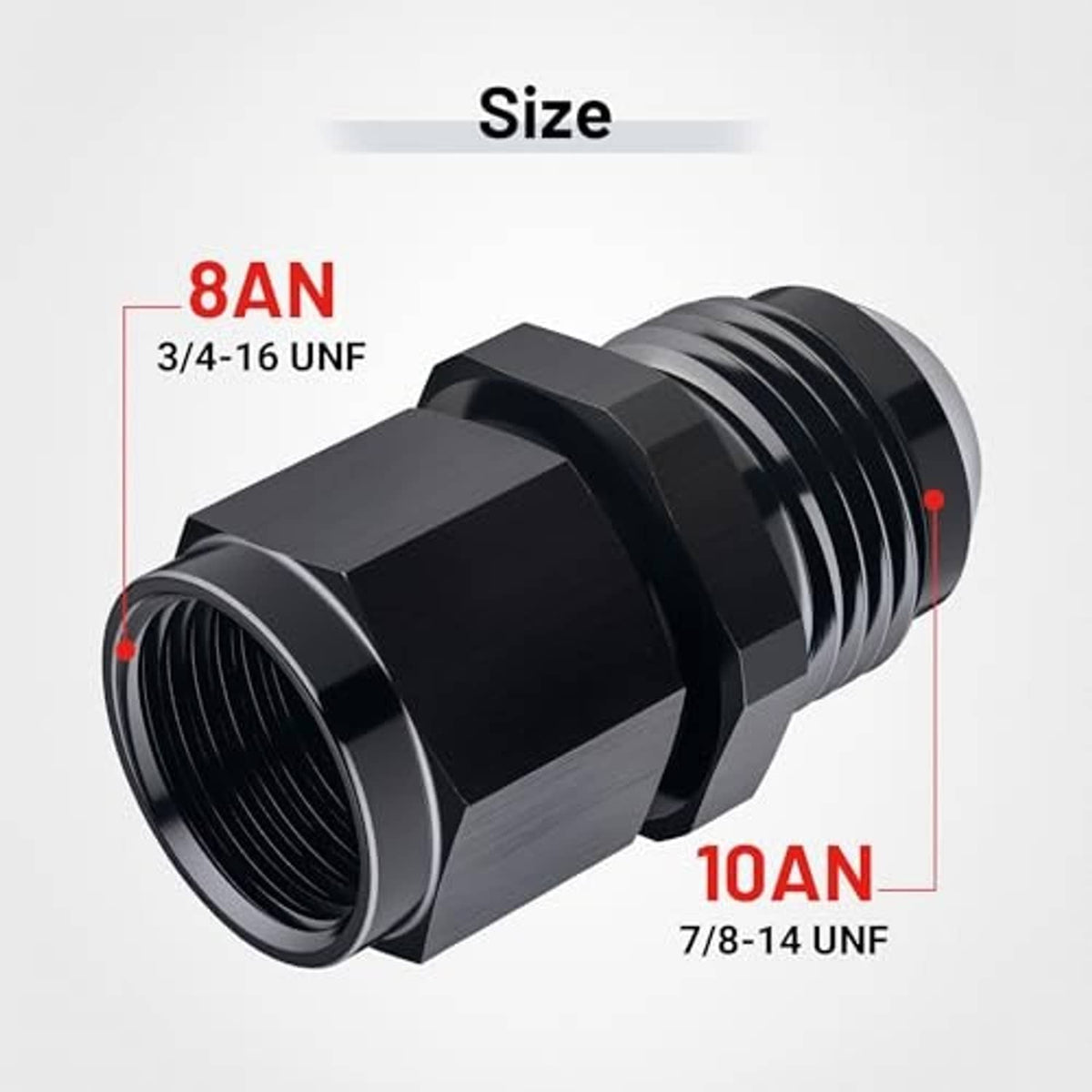 Black flare expander fitting adapter with wide hex nut and threaded outlet ends.