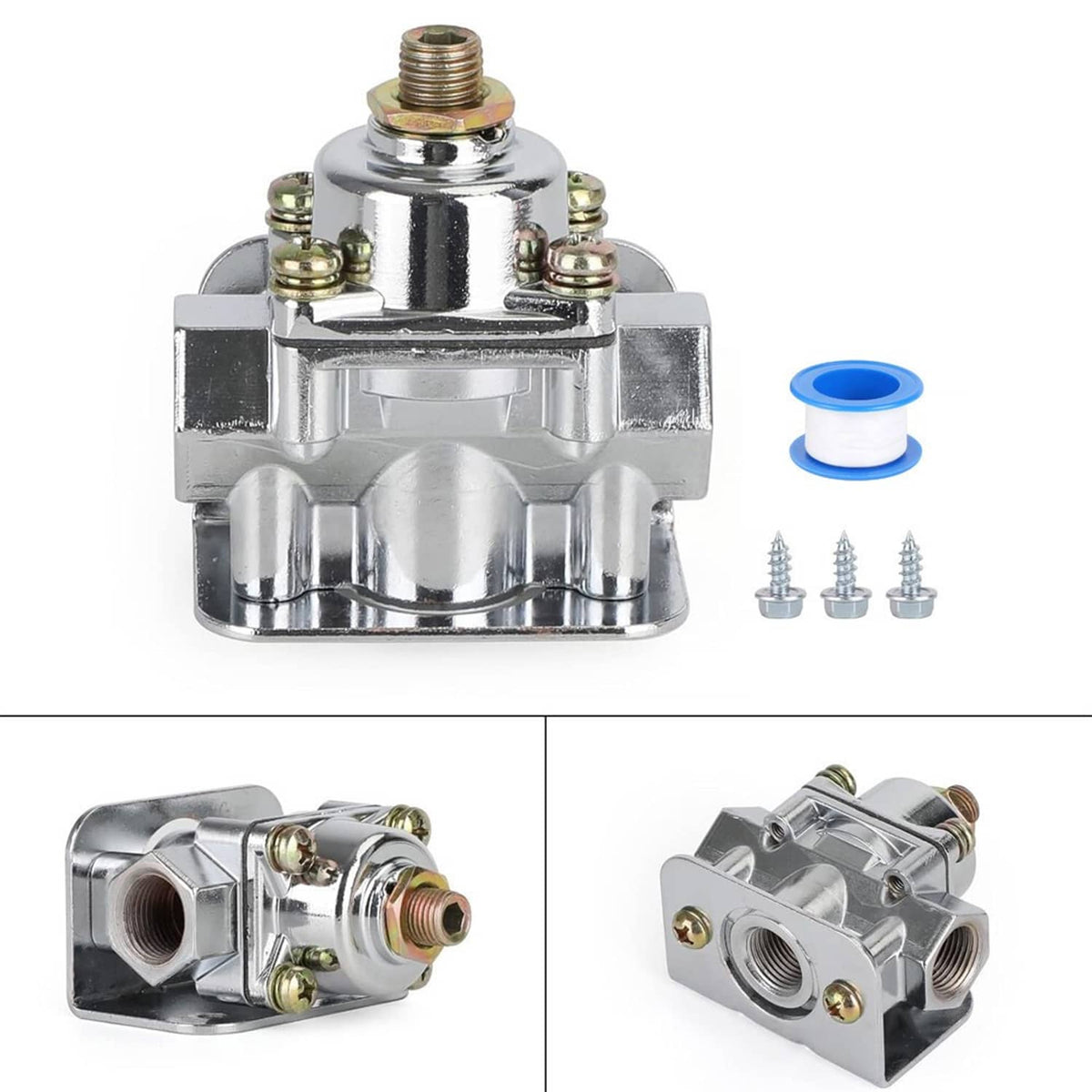 Chrome fuel pressure regulator assembly with brass top fitting and included screws