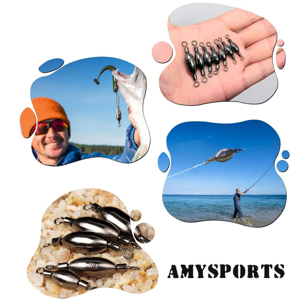 Assorted saltwater fishing weight swivels in hand with snap swivel hooks