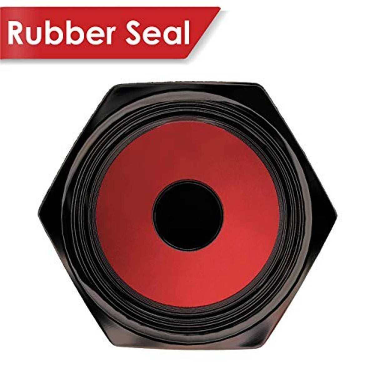 Black rubber tire valve stem cap with red seal insert and center opening