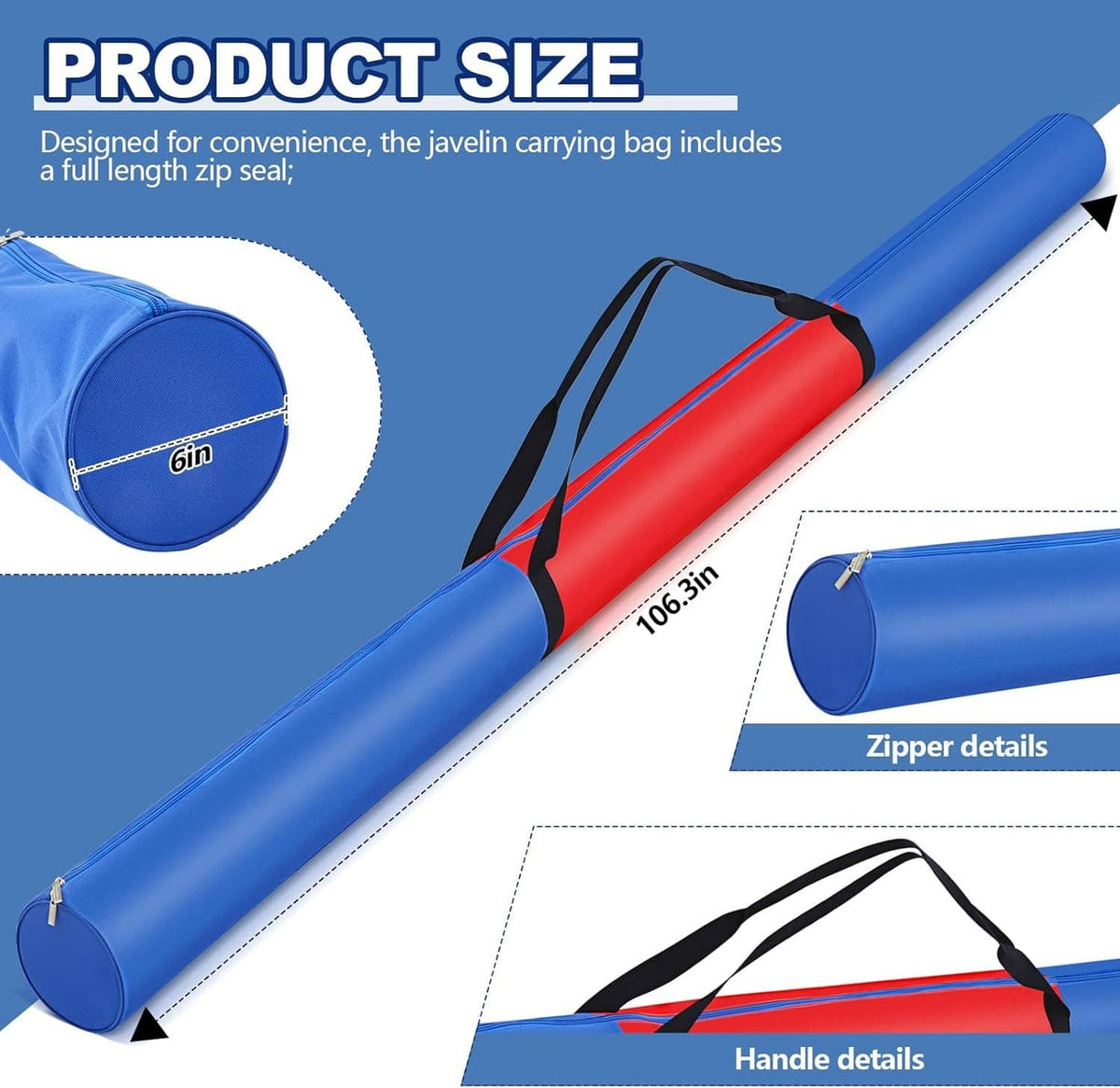 Blue javelin carrying bag with red panel, zipper end, and top carrying handle