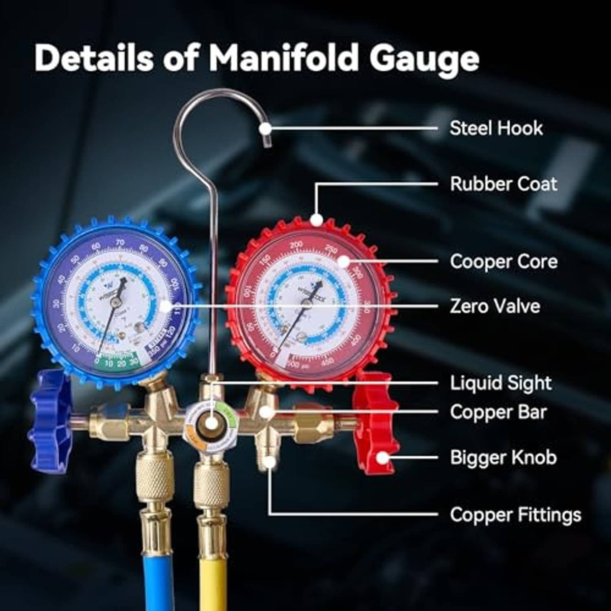 Dual pressure manifold gauge with steel hook, rubber-coated housing, and copper fittings