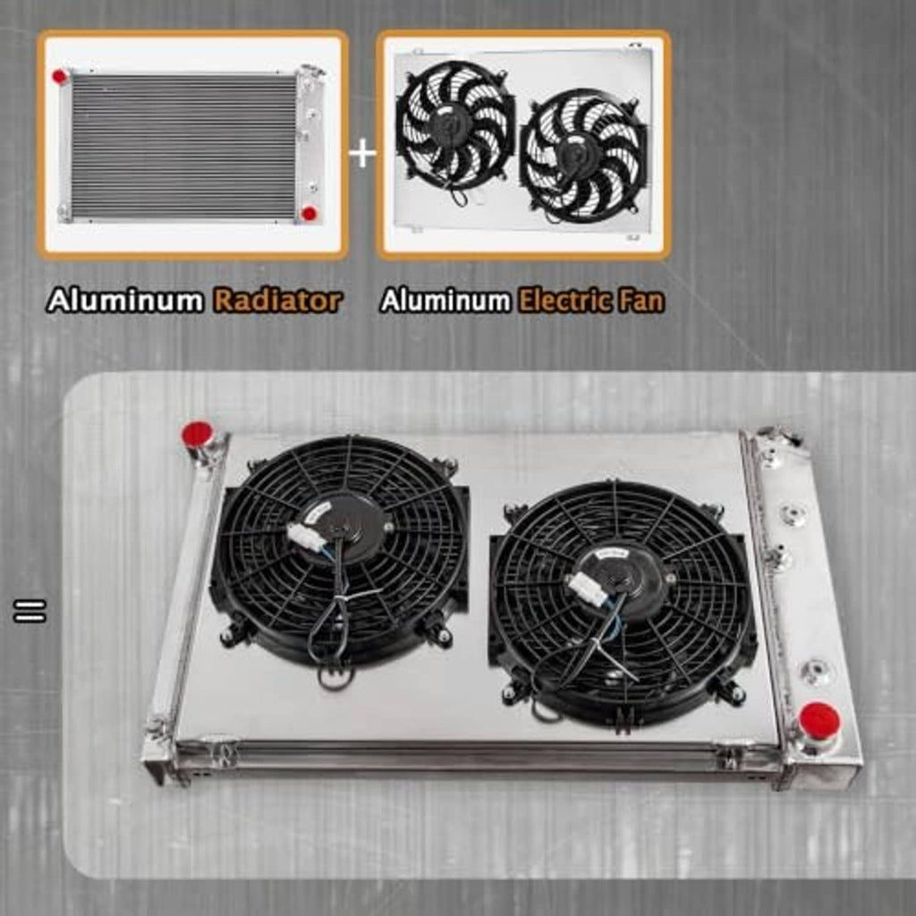 Radiator and dual electric fans set with louvered core and wire fan guards
