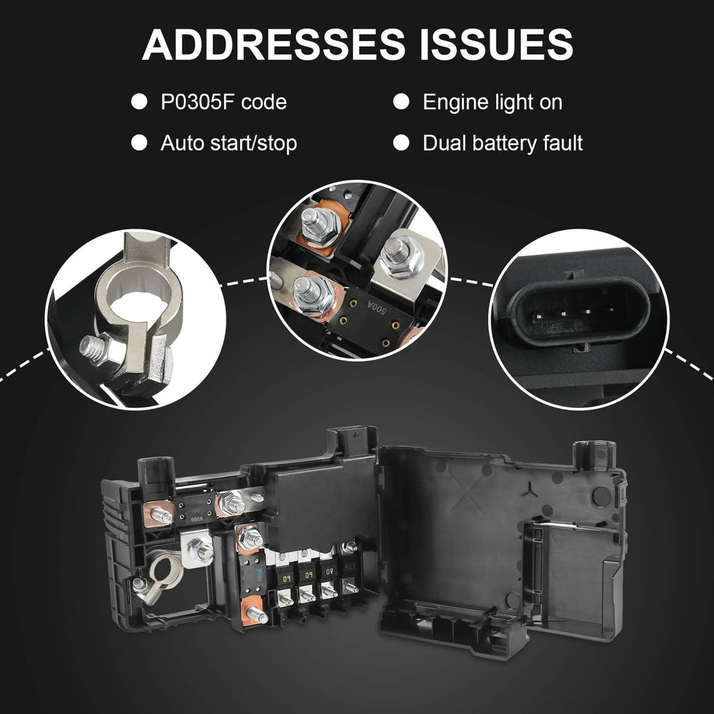 Fuse box junction relay module with fuse blocks, mounting points, and connector port