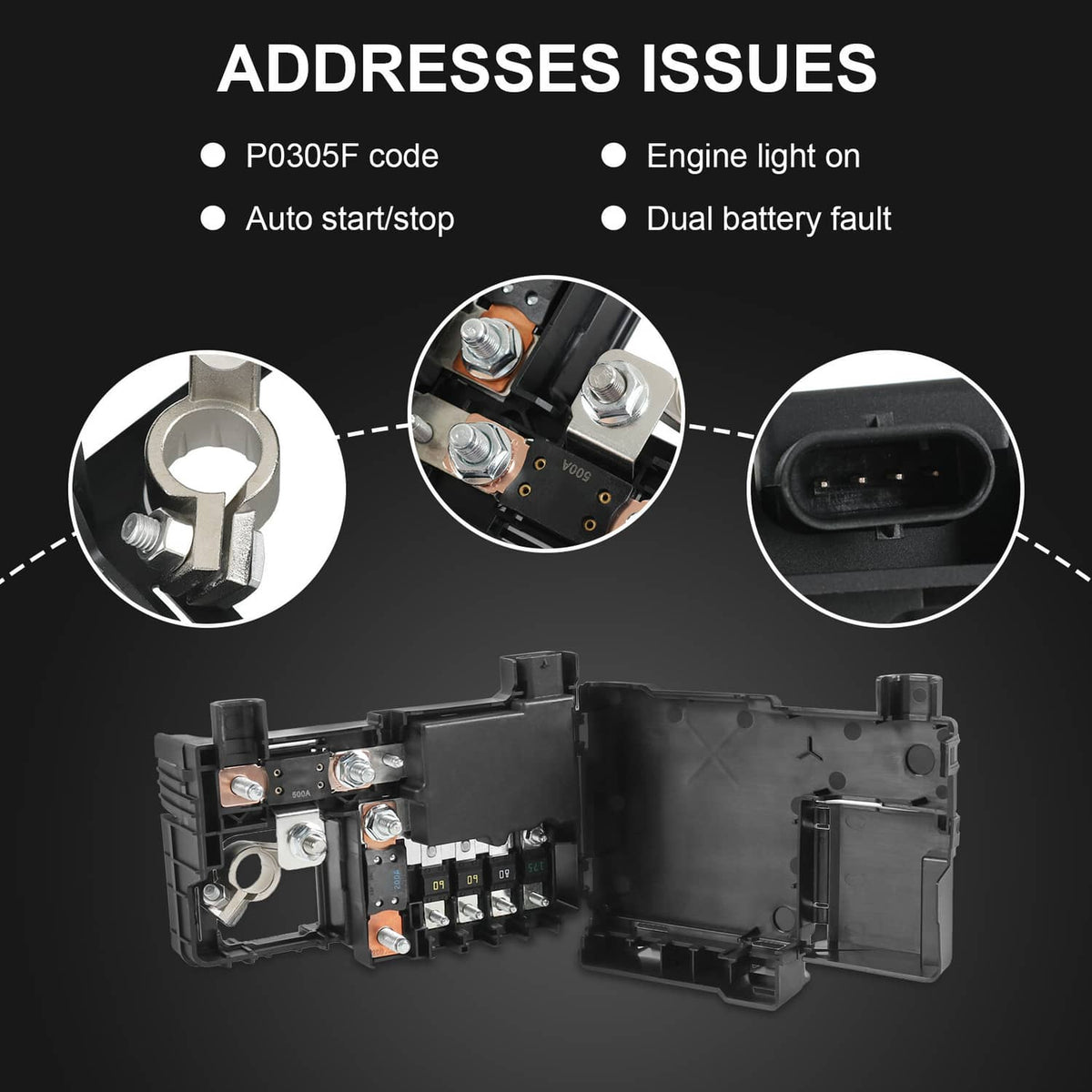 Fuse box junction relay module with fuse blocks, mounting points, and connector port