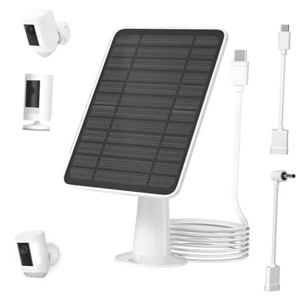 Solar panel charger with dark grid panel, stand mount, coiled cable and connector
