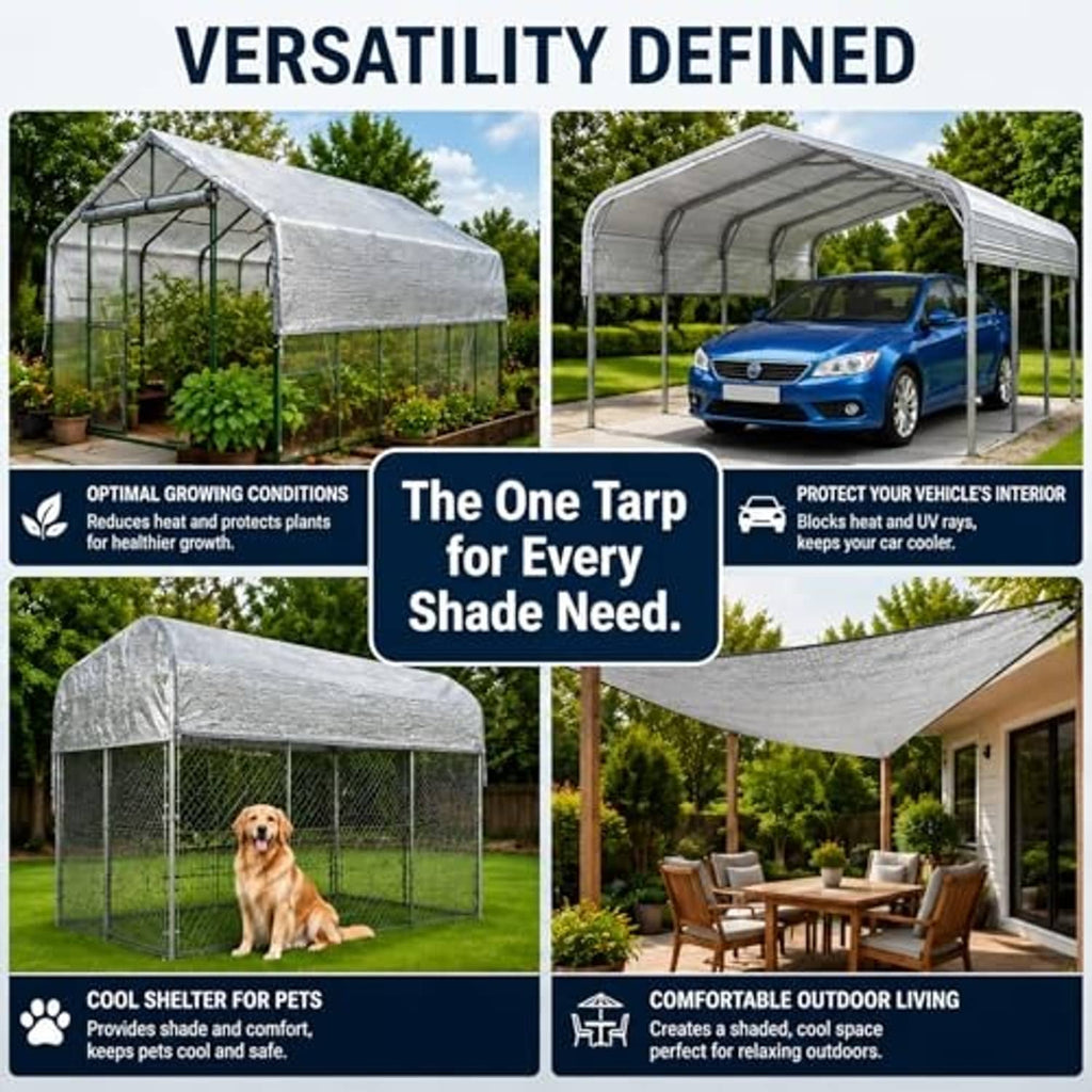 Gray reflective shade tarp fabric with grommets for outdoor shelter and pet shade