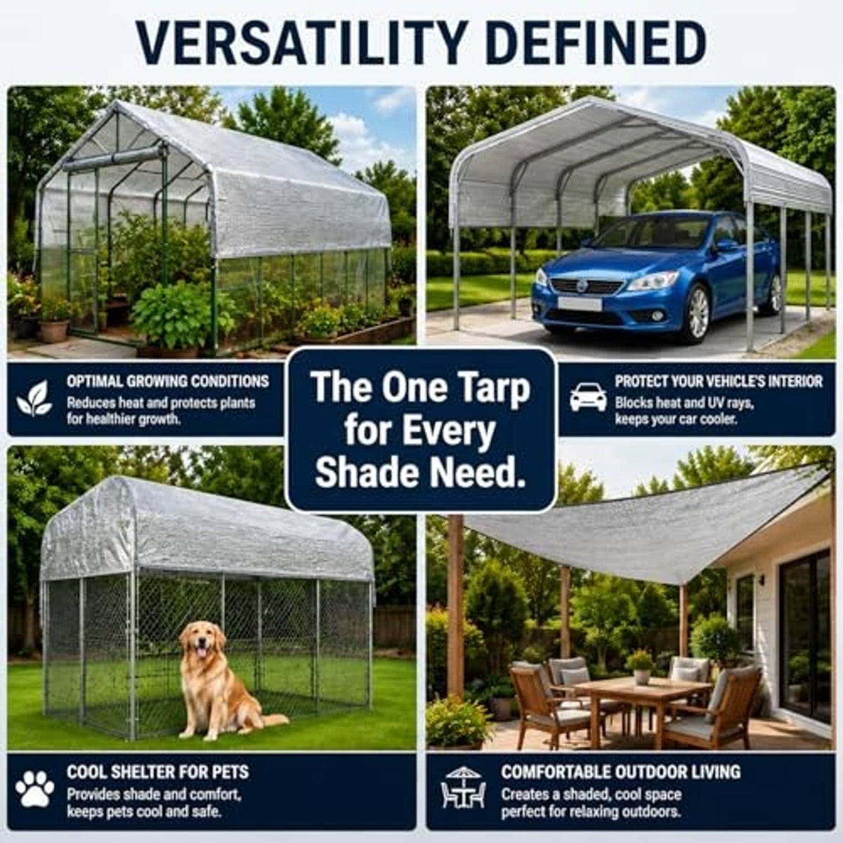Gray reflective shade tarp fabric with grommets for outdoor shelter and pet shade