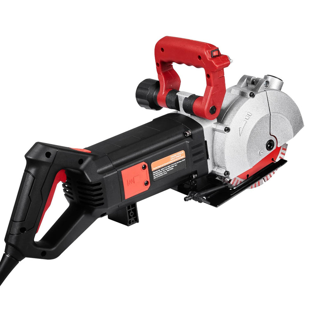 Wall slotting machine in three-quarter view with red handle, black base, and silver disc