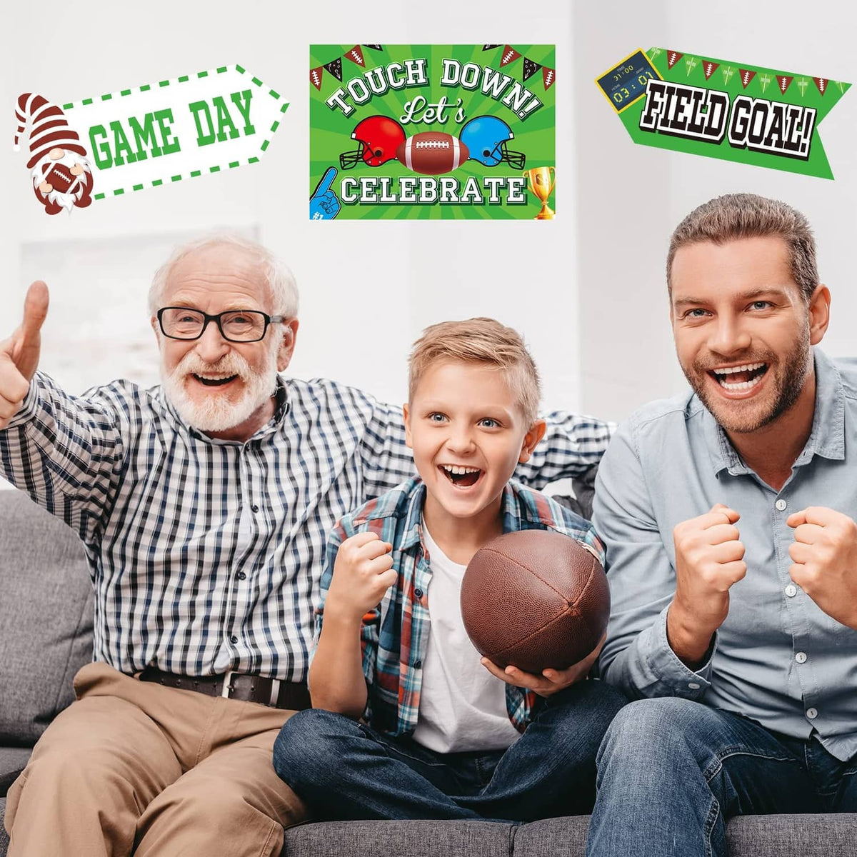 Assorted soccer party yard sign pennants including “Game Day” and “Timeout Threats”