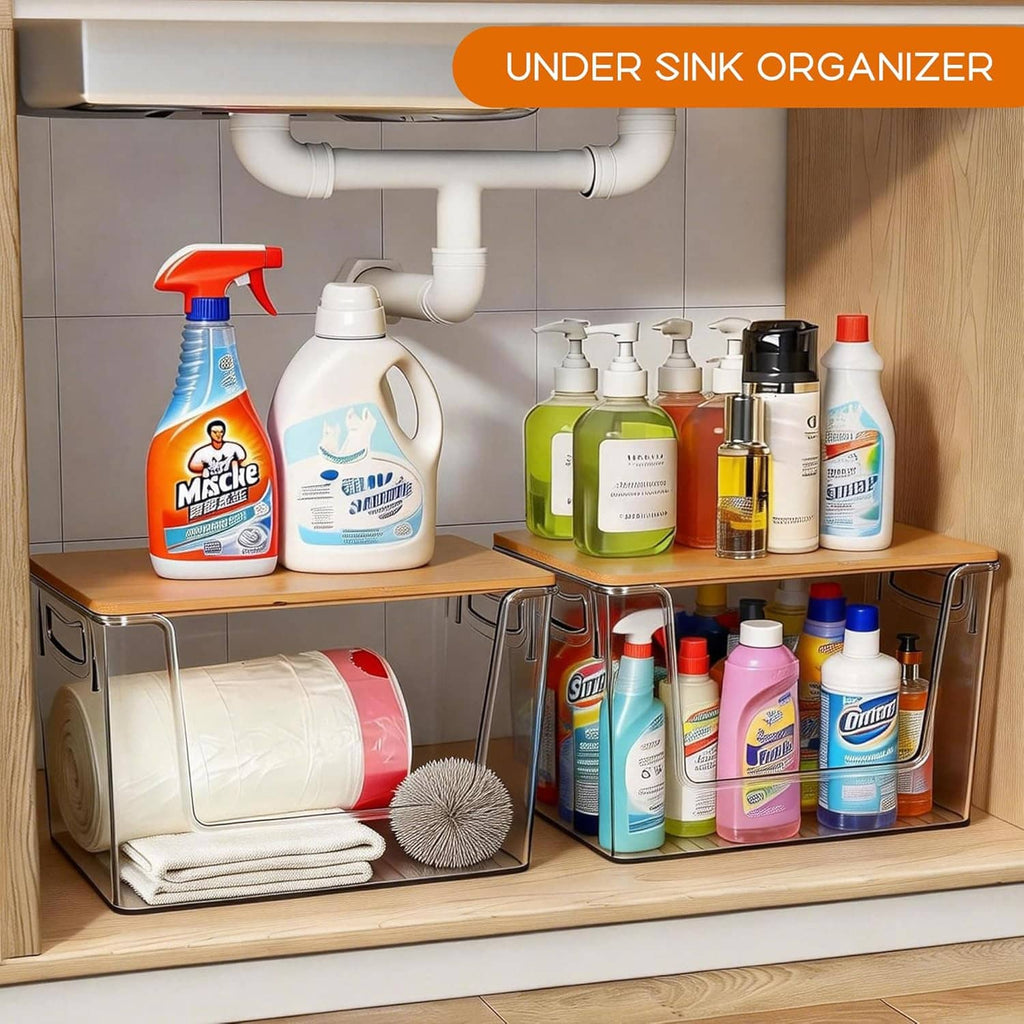 Clear under-sink organizer bin with bamboo lid for bottles and cleaning supplies