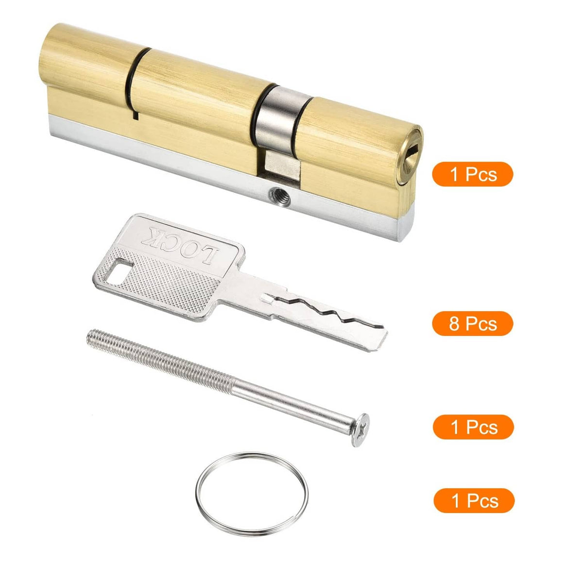 Brass cylinder lock set with keys and rings, includes multiple hardware pieces