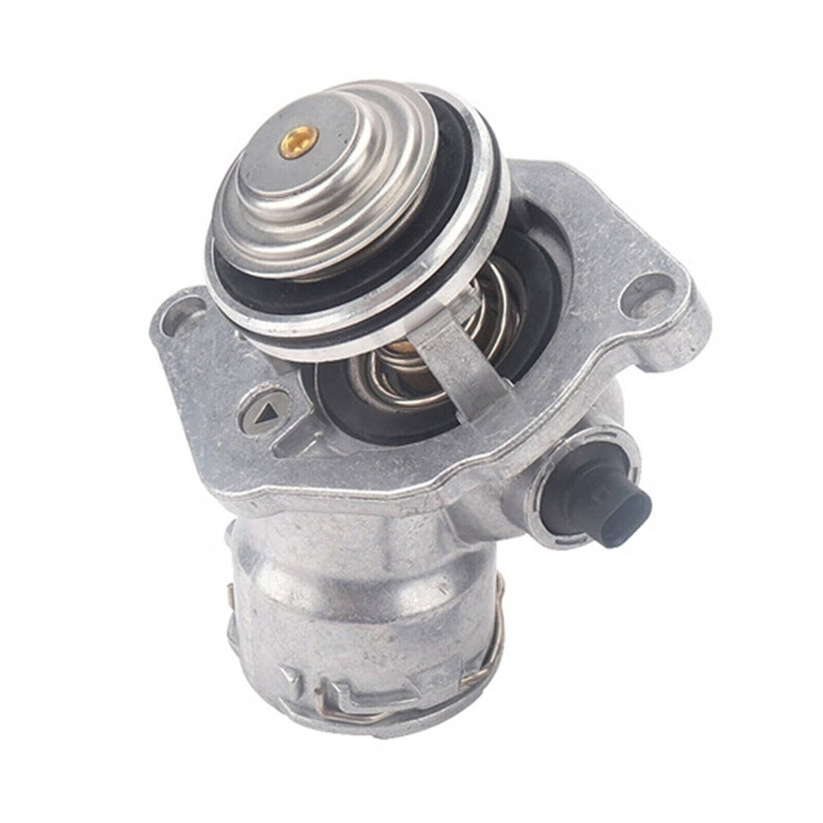 Engine coolant thermostat assembly with sensor, angled view of spring and sensor connector