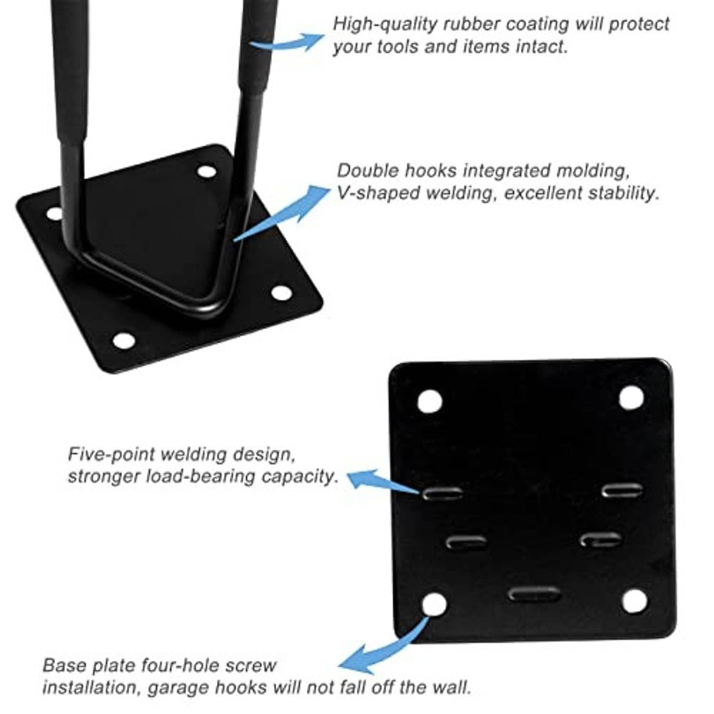 Black garage shovel hooks with square mounting plate and double curved holders