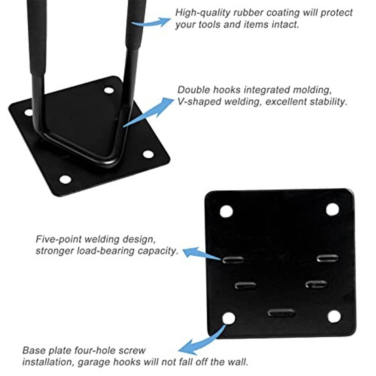 Black garage shovel hooks with square mounting plate and double curved holders