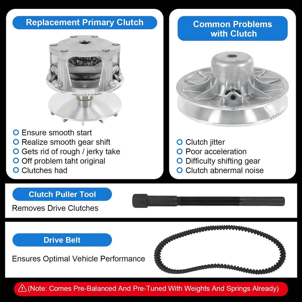 Replacement clutch kit showing silver clutch, clutch puller tool, and drive belt