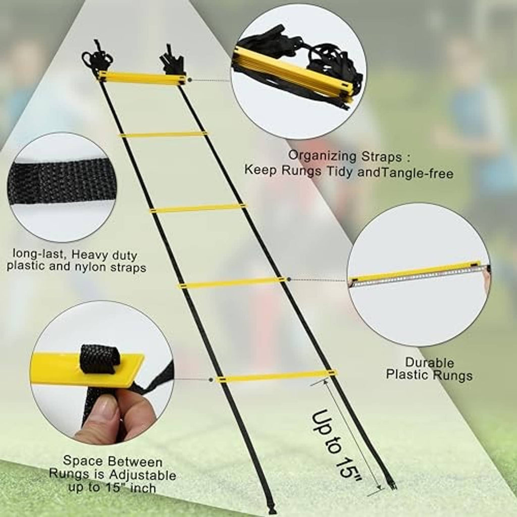 Yellow and black agility ladder with nylon straps and organizer loop details