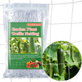 Garden climbing trellis netting roll with white square mesh, shown with garden produce.