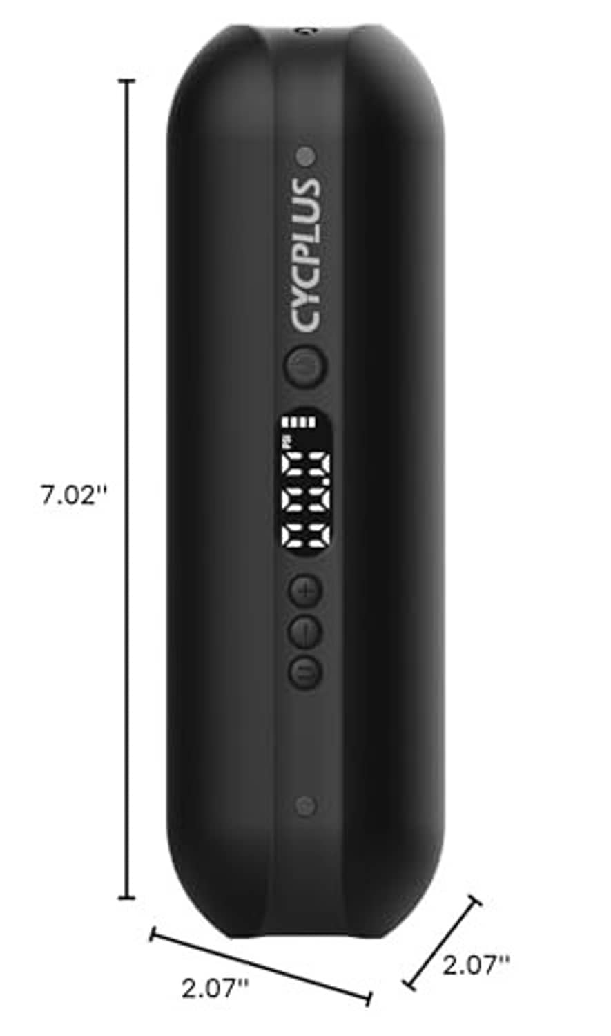 Black cylindrical electric air pump with height and width measurement diagram