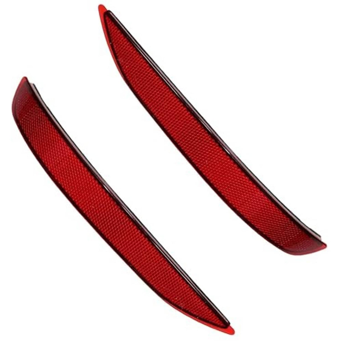 Red rear bumper reflector pair, angled view of two curved reflectors