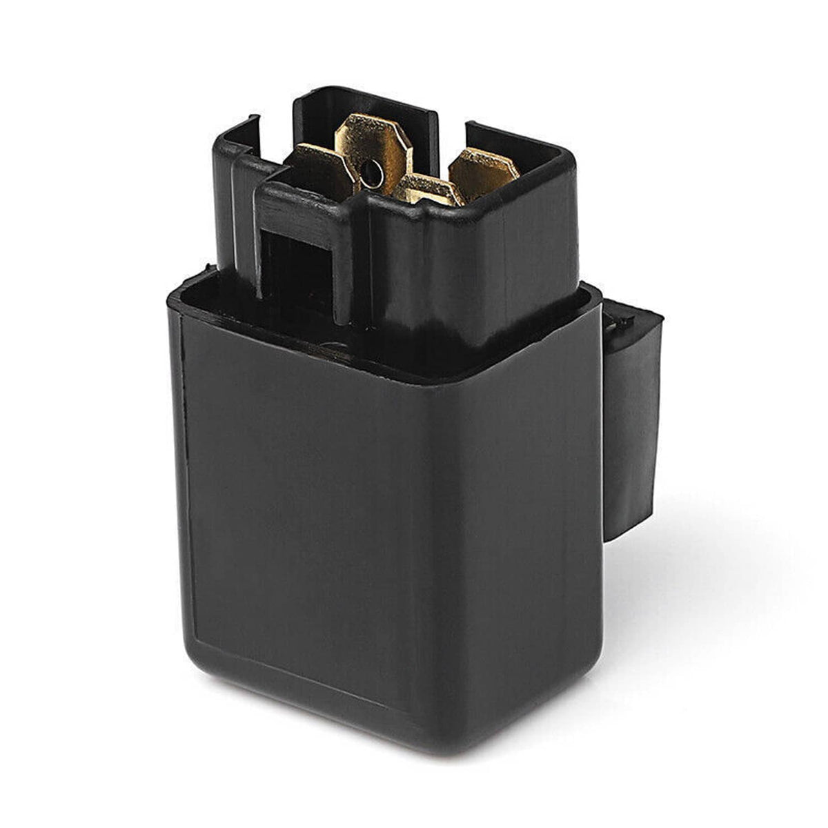 Fuel pump fan off relay, top view showing gold internal contact pins