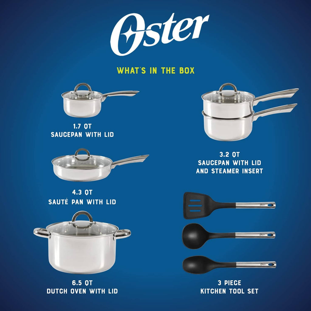 Stainless cookware set with saucepan, sauté pan, Dutch oven, steamer insert, and 3 utensils