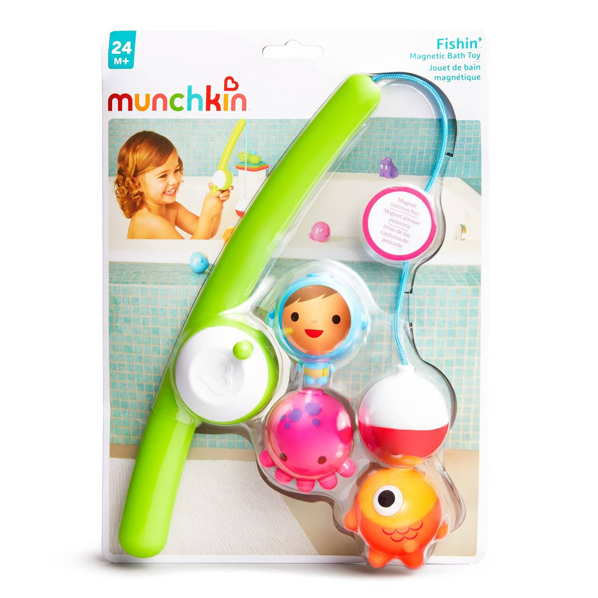 Munchkin® Fishin' magnetic fishing bath toy package with rod and 3 bobbers