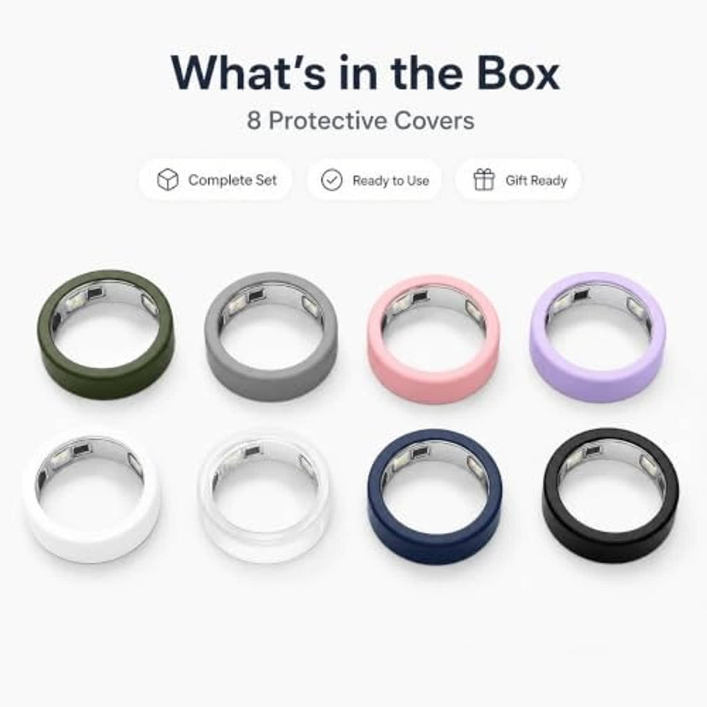 Eight protective silicone ring covers arranged in assorted colors: olive, gray, pink, purple