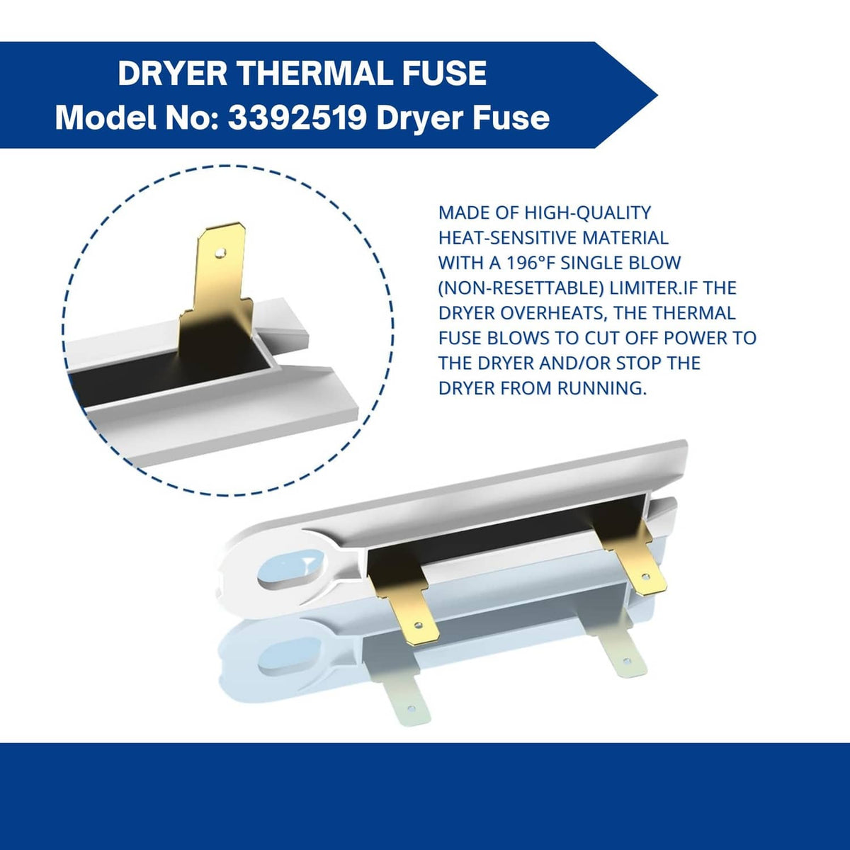 Dryer thermal fuse with white base and gold limit terminals for overheat cutoff