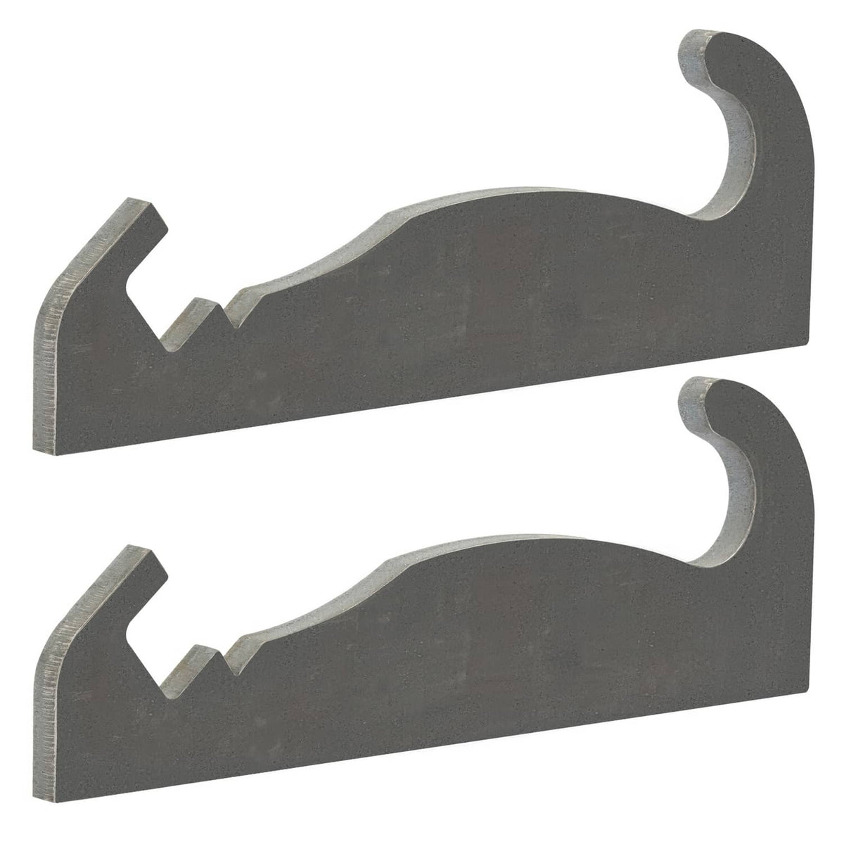 Pair of steel quick attach brackets with curved hook ends and locking notches