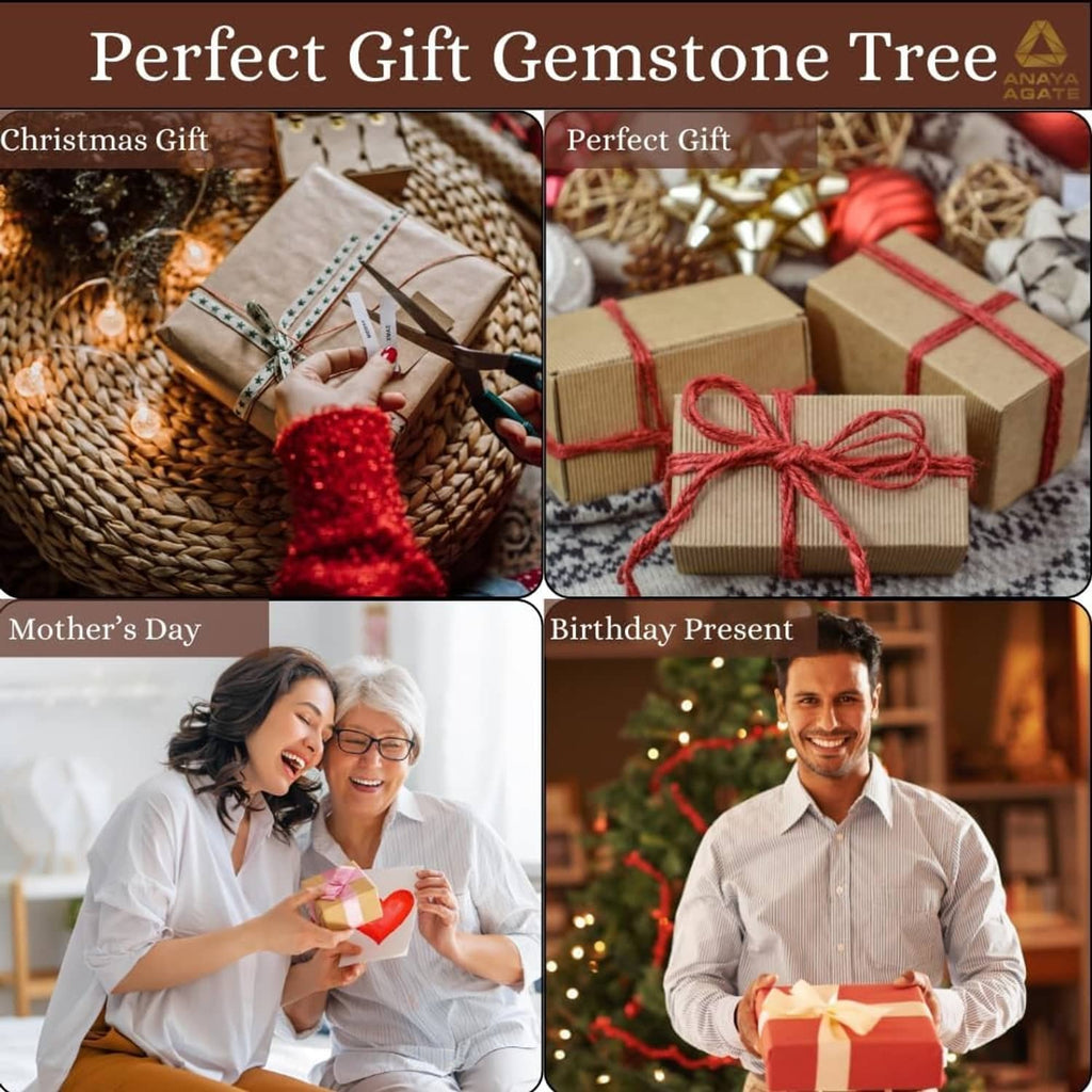 Gemstone crystal tree gift set shown with wrapped gift boxes and small trees.