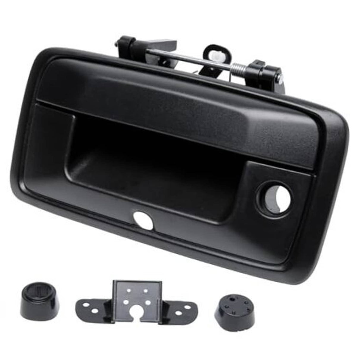 Black tailgate door handle with round backup camera hole