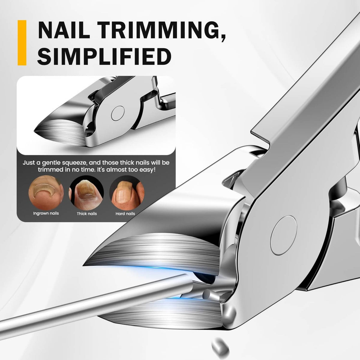 Silver toenail clipper with curved blade and spring hinge for thick toenails