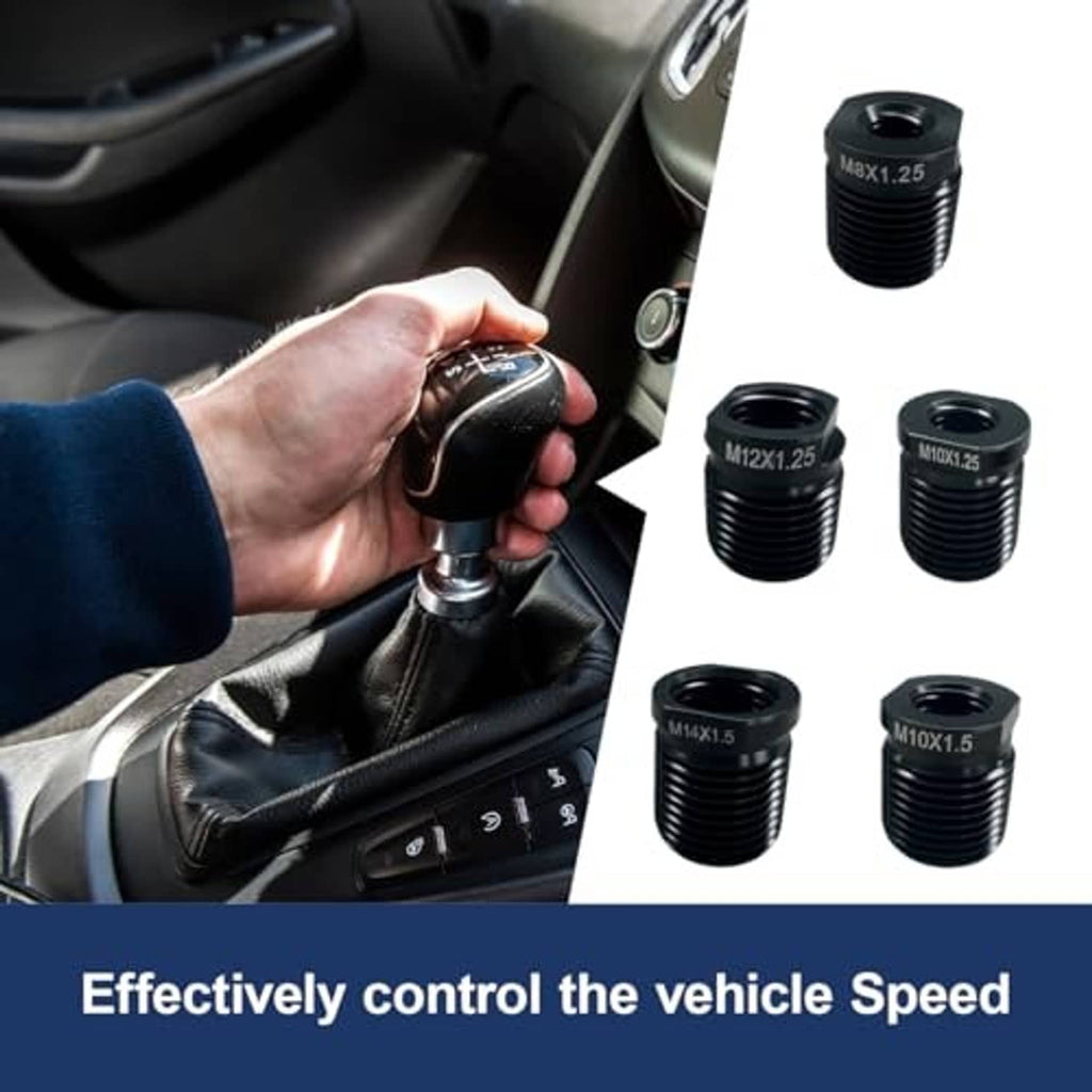 Black gear shift knob thread adapters shown with manual shifter area and included pieces