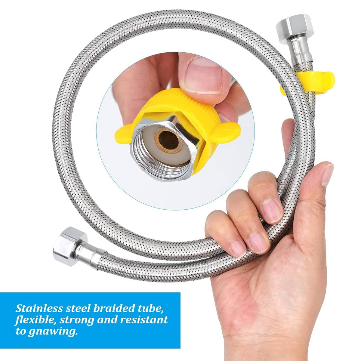Braided stainless steel flexible hose with yellow knob and threaded metal connector