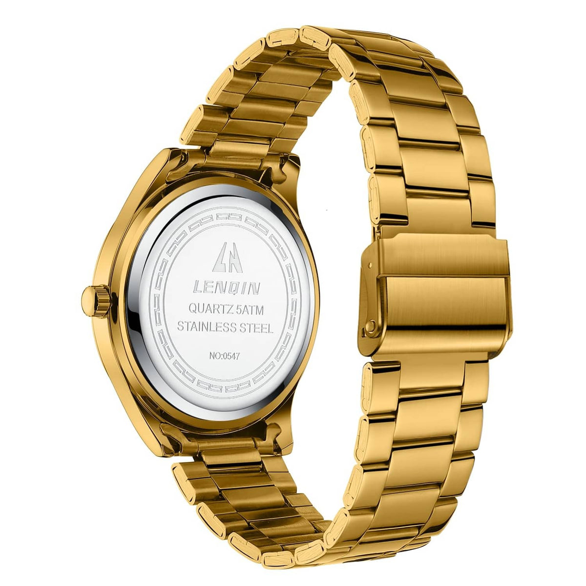 Gold stainless steel men’s wristwatch side view with round case and link bracelet