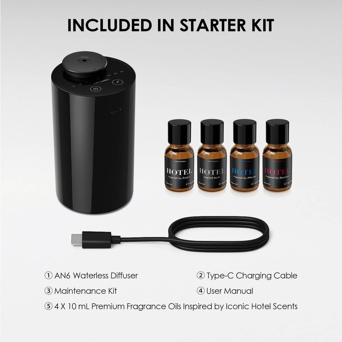 Black waterless essential oil diffuser starter kit with four fragrance oil bottles and USB-C cable