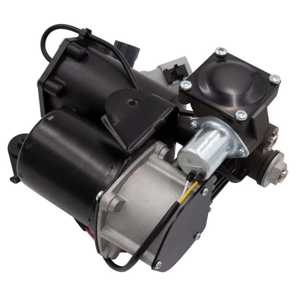 Air suspension compressor pump with black air tank, silver valve, and mounting brackets