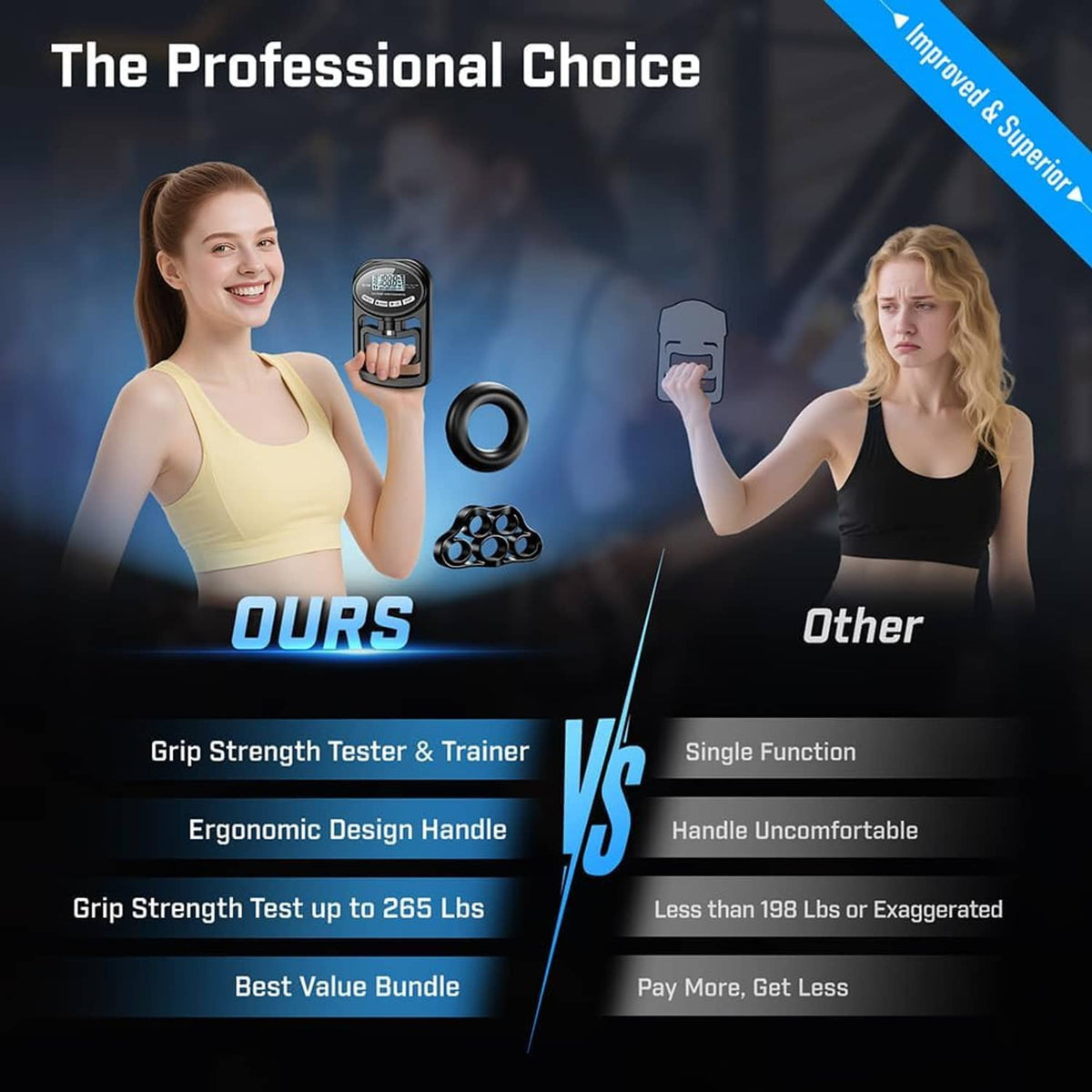 Black electronic hand grip dynamometer with ergonomic handle and LCD display.