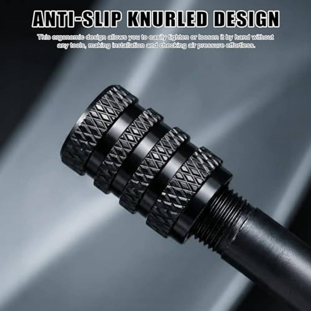 Close-up of black knurled tire valve stem cap threads and textured grip