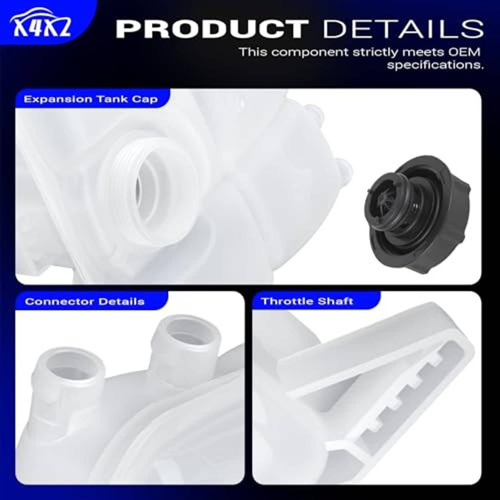 Coolant expansion tank product detail with cap, connector, and internal channels