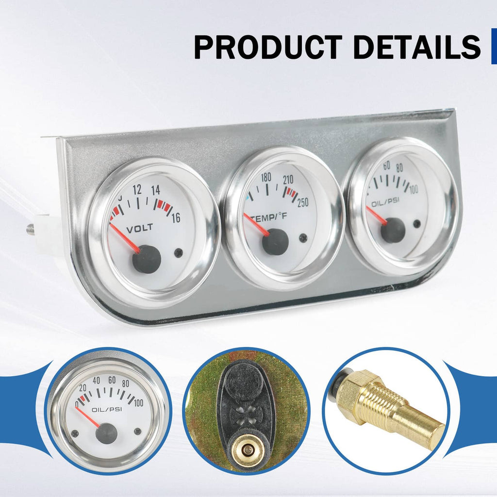 Triple gauge cluster and close-up parts showing dial faces and brass connector fittings