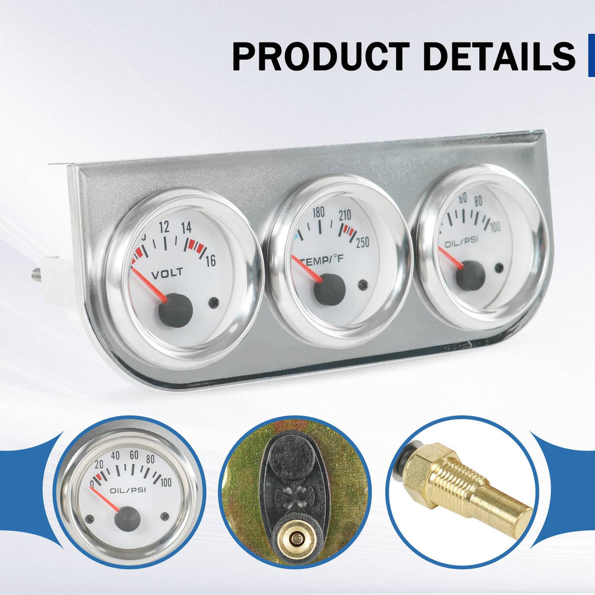 Triple gauge cluster and close-up parts showing dial faces and brass connector fittings