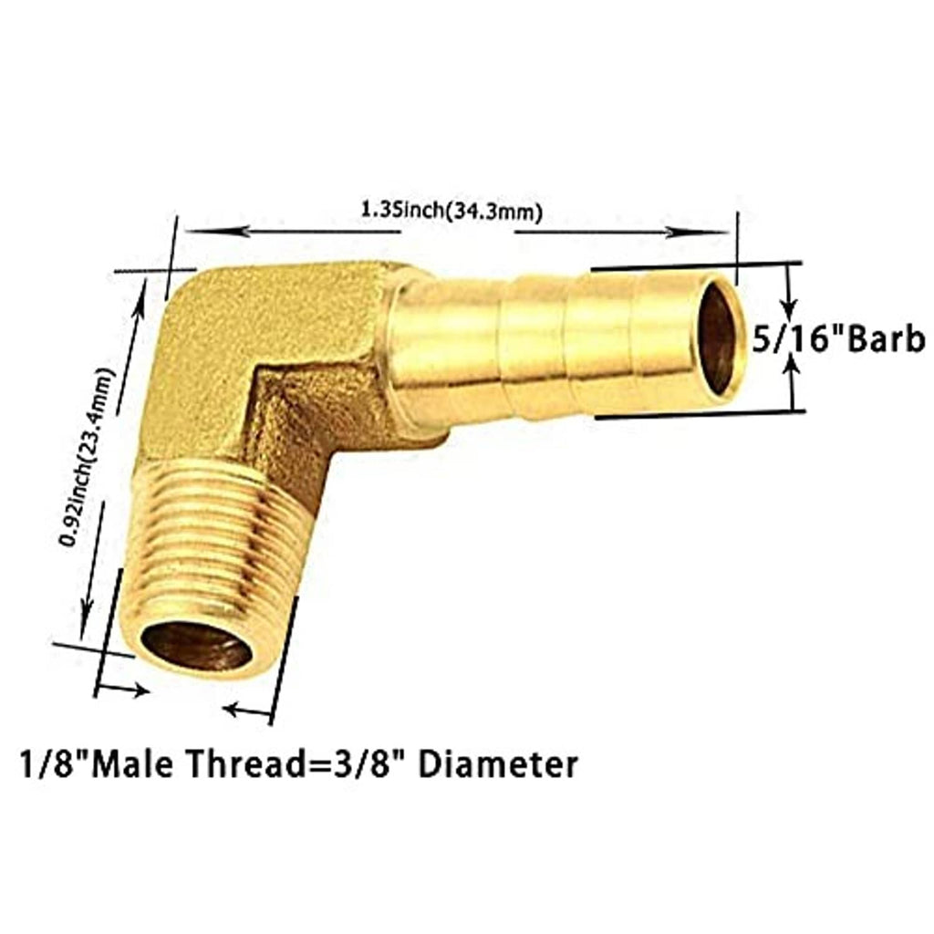 Brass 90-degree elbow hose barb fitting showing male NPT thread and barb opening