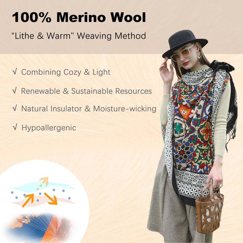 Merino wool pashmina with multicolor mosaic print, black trim, and tassel fringe