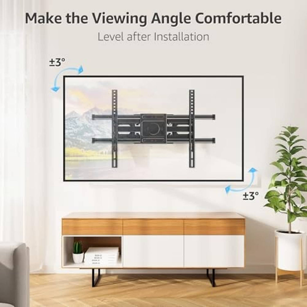 Full motion TV wall mount centered on wall with horizontal support arms for flat-screen TV