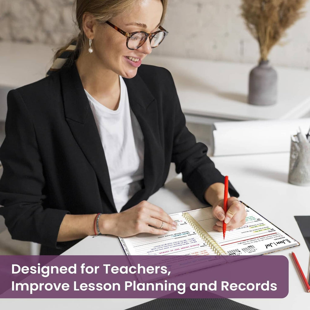 Teacher writing in spiral planner with ruled notes page for lesson planning records