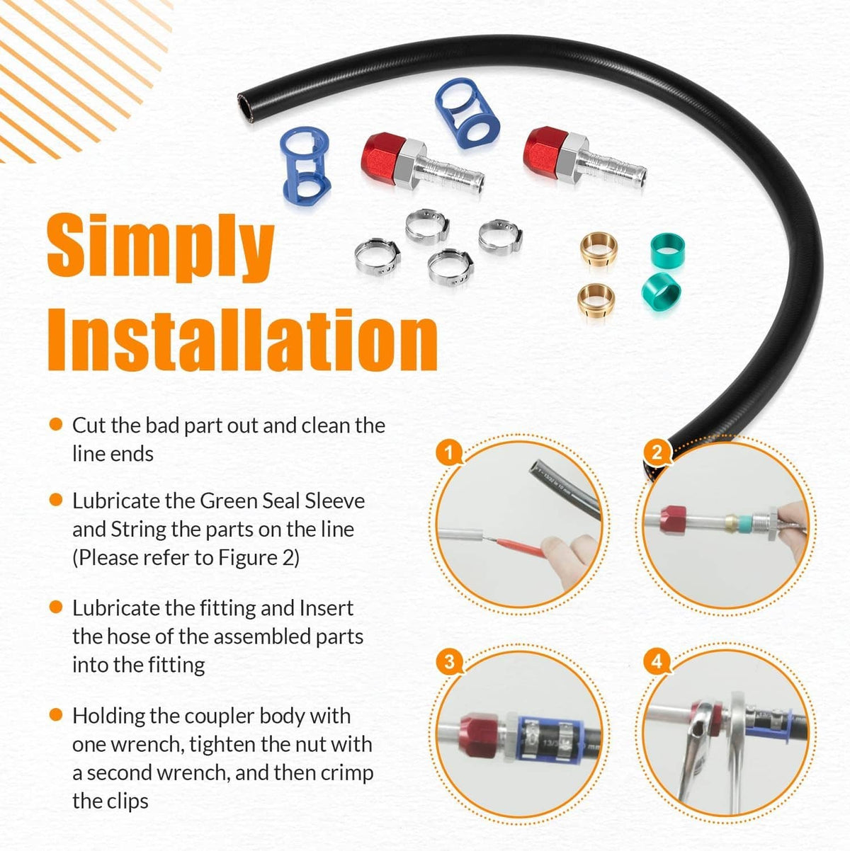 A/C line splice kit components: black hose, red fittings, blue clips, green seal sleeves